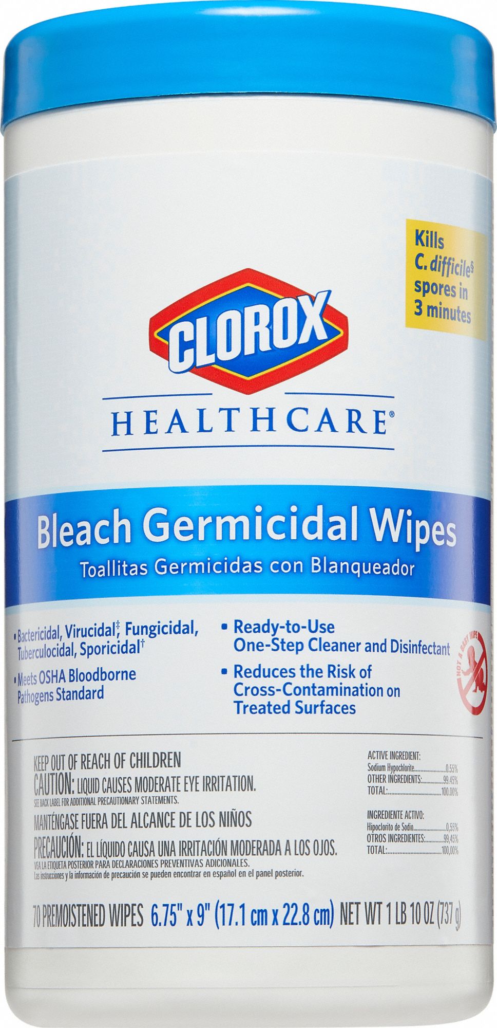 Germicidal Disinfecting Wipes: Canister, 70 ct Container Size, Ready to Use, 6 PK