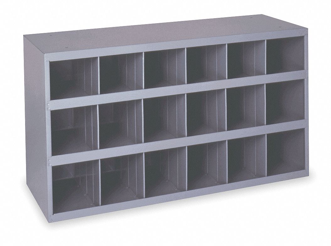 PIGEONHOLE BIN UNIT, 34 IN X 12 IN X 18 IN, 18 COMPARTMENTS, GREY, STEEL, POWDER COATED