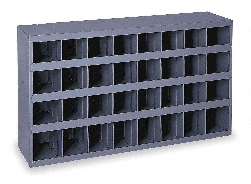 PIGEONHOLE BIN UNIT, 34 IN X 8½ IN X 18 IN, 32 COMPARTMENTS, GREY, STEEL