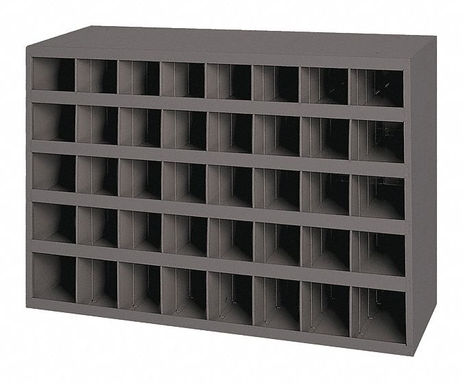 PIGEONHOLE BIN UNIT, 34 IN X 8½ IN X 24 IN, 40 COMPARTMENTS, GREY, STEEL