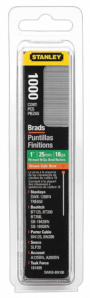 Nails, 1 in, 18 ga, PK1000: Brad Nails, 1 in Lg, 1 in Shank Dia, Brad, Steel, Galvanized, 1, 000 PK