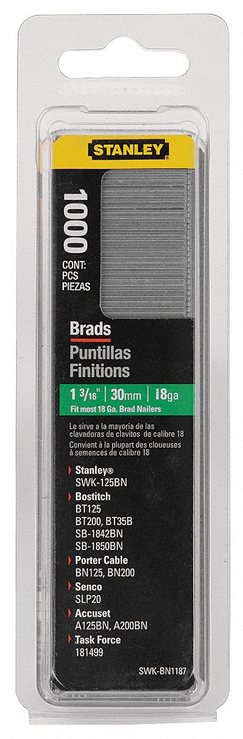 BRAD NAILS, GALVANIZED STEEL, 1¼ IN LEG L, 18 GA, 1000-PK, FOR TRE650 BRAD NAILER