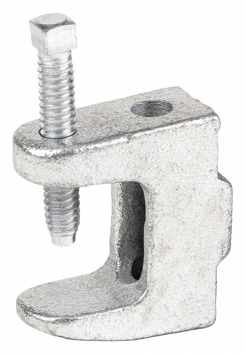 REVERSIBLE BEAM CLAMP: ELECTRO-GALVANIZED CAST IRON, 250 LB CAPACITY, FOR ¼ IN THREADED ROD