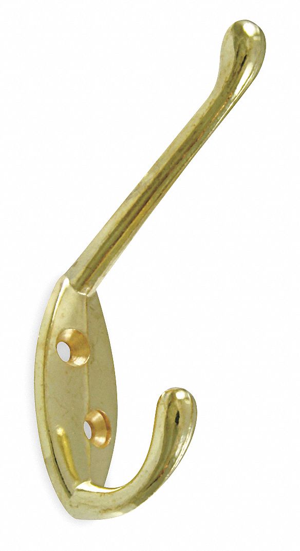 GRAINGER APPROVED Wardrobe Hook 1 Hooks, Zinc, Brass, 3 1/2 in Hook Ht