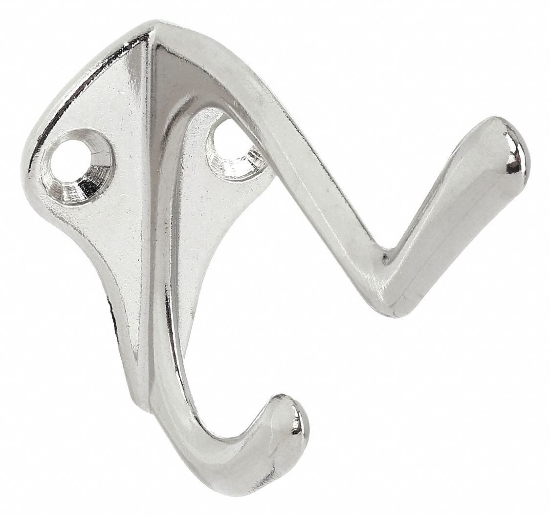 916979-6 Coat Hook: 2 Hooks, Zinc, Satin Nickel, 4 1/2 in Hook Ht, 3 39/64  in Hook Base Wd