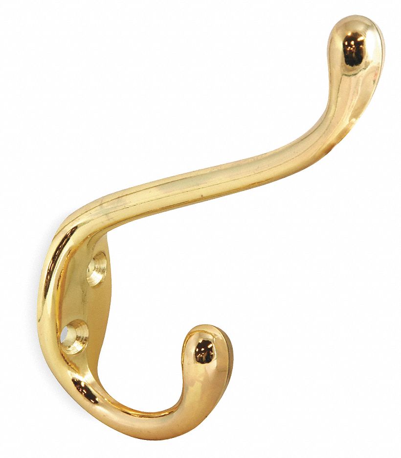 GRAINGER APPROVED Wardrobe Hook 2 Hooks, Zinc, Brass, 4 1/2 in Hook Ht
