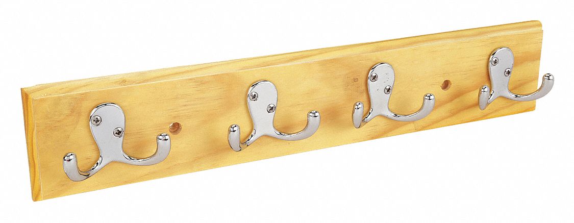 Coat Hook Rack: Screw, 65 lb Wt Capacity, 2 Points per Hook, Silver, 1 in Projection