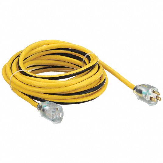 POWER FIRST Lighted Extension Cord: 50 ft Cord Lg, 10 AWG Wire Size, 10/3,  SJTW, NEMA 5-15P, Yellow