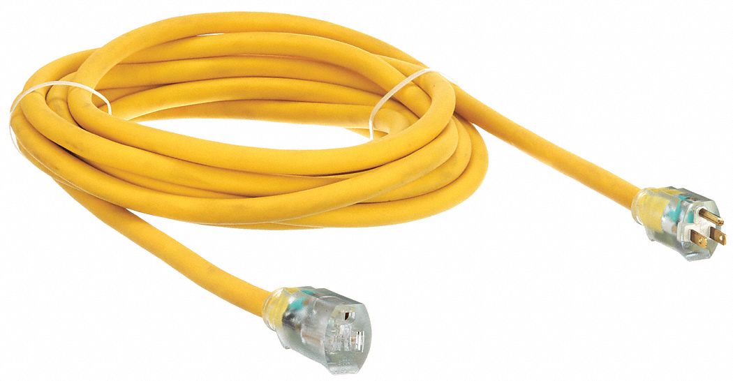 Lighted Extension Cord: 25 ft Cord Lg, 10 AWG Wire Size, 10/3, SJTW, NEMA 5-15P