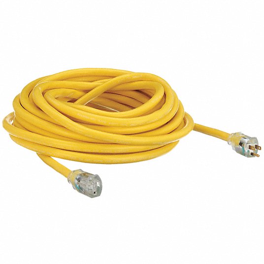POWER FIRST Lighted Extension Cord: 50 ft Cord Lg, 10 AWG Wire Size, 10/3,  SJTW, NEMA 5-15P, Yellow