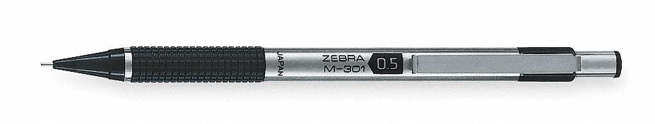 Pencils: 0.5 mm Point Size, Plastic/Stainless Steel, Black/Silver, Includes Eraser