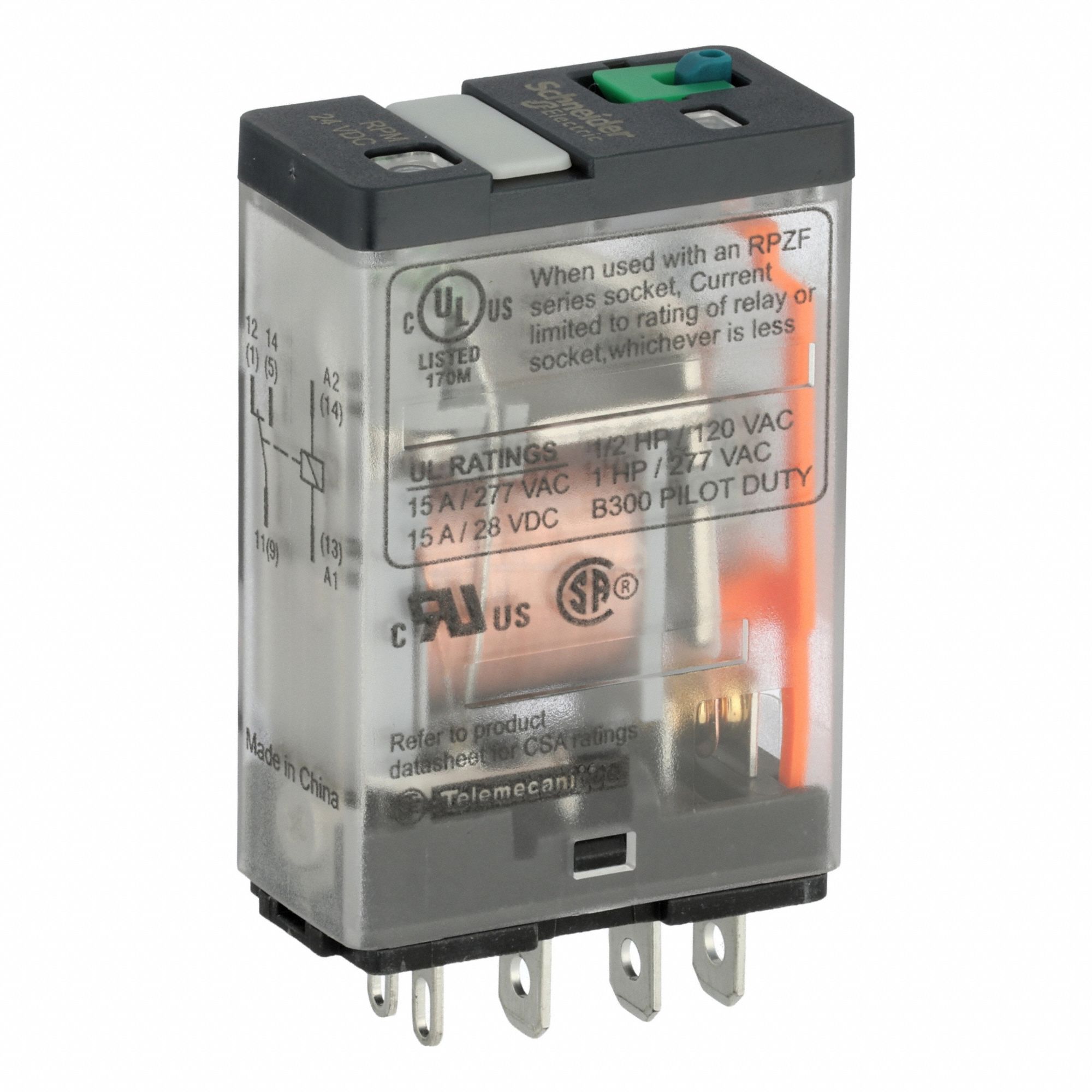 General Purpose Relay: Socket Mounted, 15 A Current Rating, 24V DC, SPDT, 5 Pins/Terminals