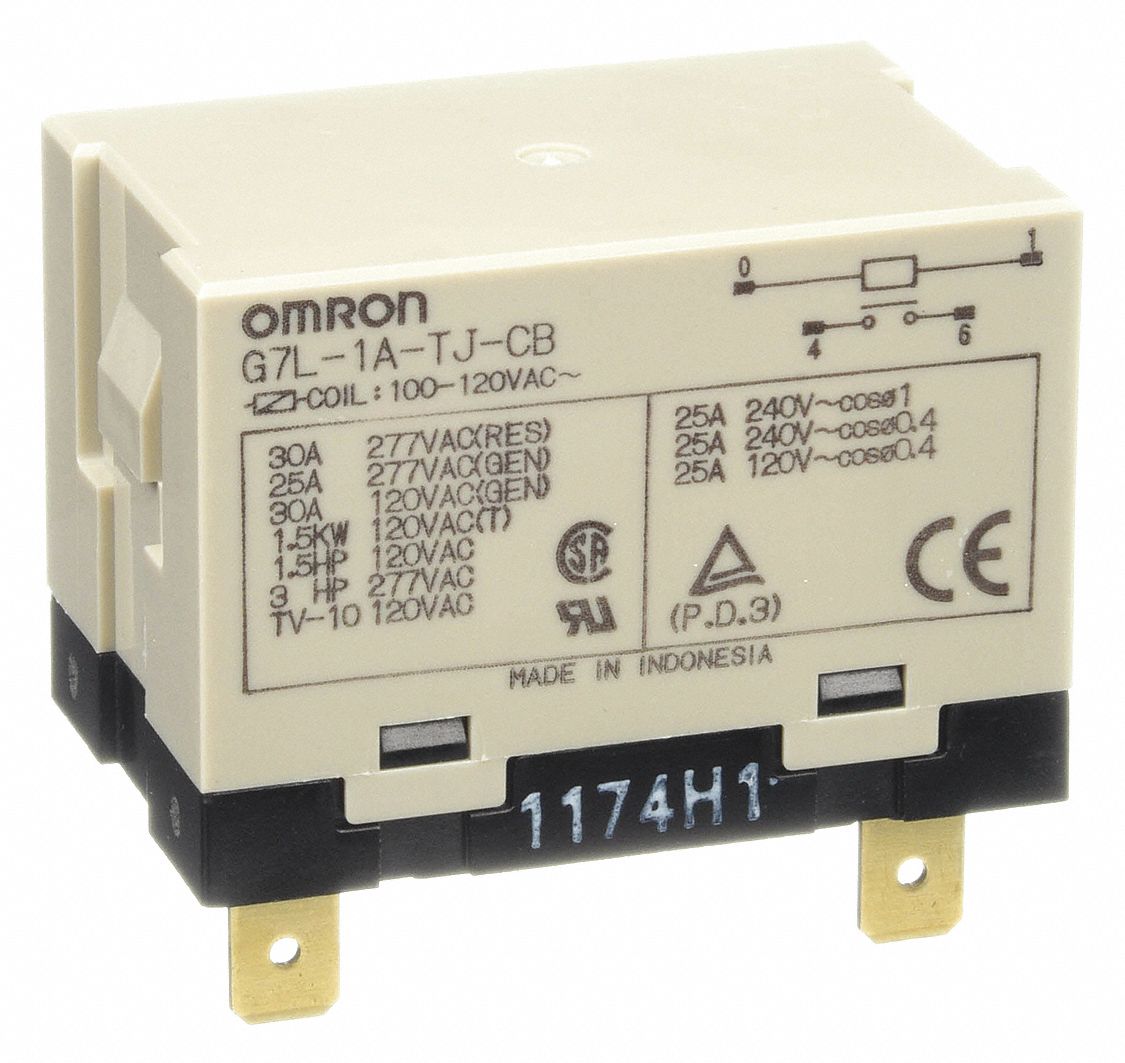 Enclosed Power Relay: Bracket Mounted, 30 A Current Rating, 100/120V AC, 4 Pins/Terminals