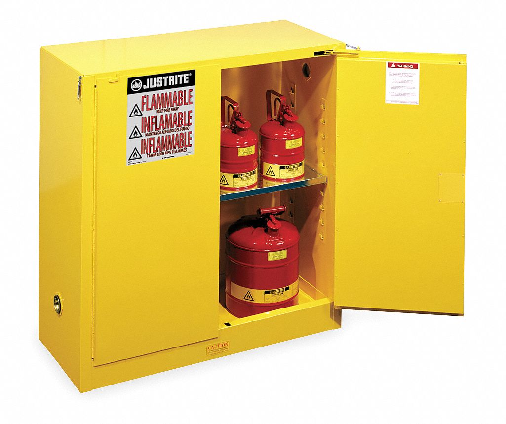 FLAMMABLES SAFETY CABINET, STANDARD, 30 GALLON, 43 X 18 X 44 IN, YELLOW, SELF-CLOSING