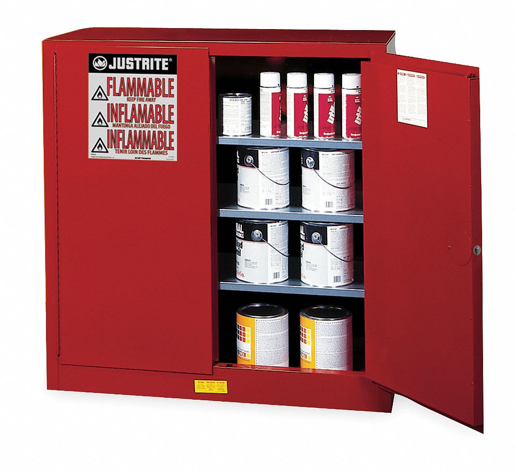 FLAMMABLES SAFETY CABINET, STANDARD, 40 GALLON, 43 X 18 X 44 IN, RED, MANUAL CLOSE
