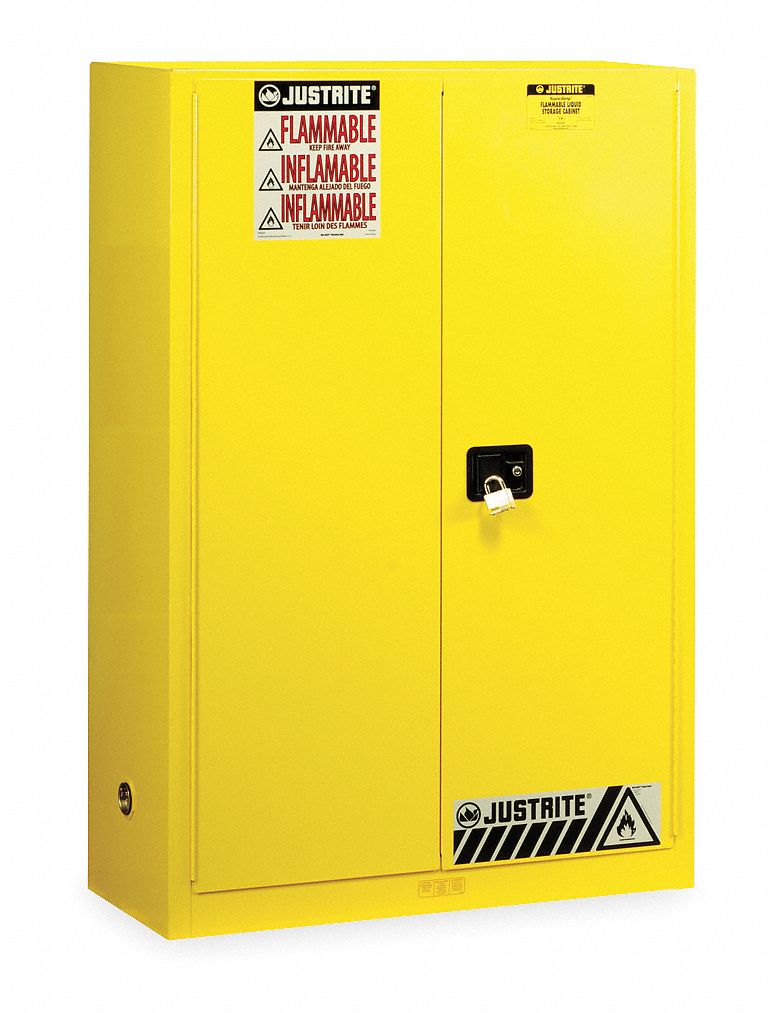 JUSTRITE FLAMMABLES SAFETY CABINET, STANDARD, 45 GALLON, 43 X 18 X 65 IN,  YELLOW, MANUAL CLOSE - Flammables Safety Cabinets - JRT894500