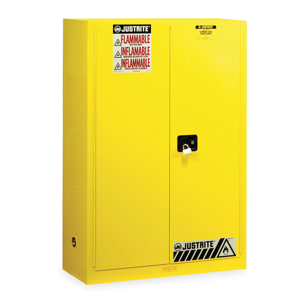JUSTRITE FLAMMABLES SAFETY CABINET, STANDARD, 45 GALLON, 43 X 18 X 65 IN,  YELLOW, MANUAL CLOSE - Flammables Safety Cabinets - JRT894500