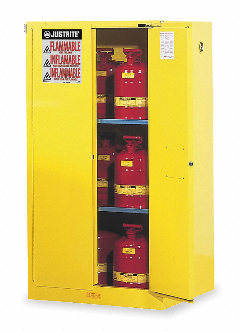 FLAMMABLES SAFETY CABINET, STANDARD, 60 GALLON, 34 X 34 X 65 IN, YELLOW, SELF-CLOSING