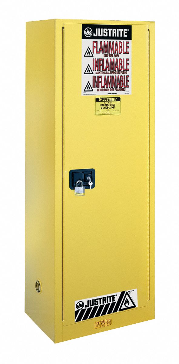 FLAMMABLES SAFETY CABINET, STANDARD SLIMLINE, 22 GALLON, 23¼ X 18 X 65 IN, YELLOW