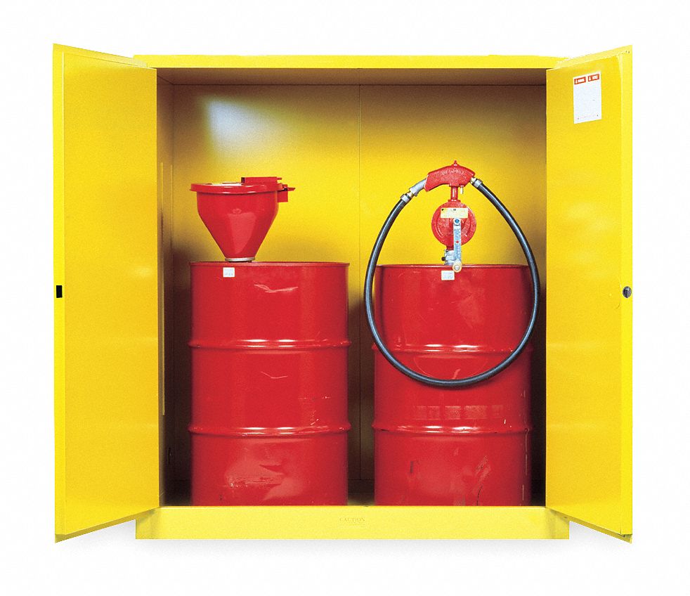 FLAMMABLES SAFETY CABINET, STANDARD, VERTICAL, 110 GALLON, 2 DRUM CAPACITY, 59X34X65 IN