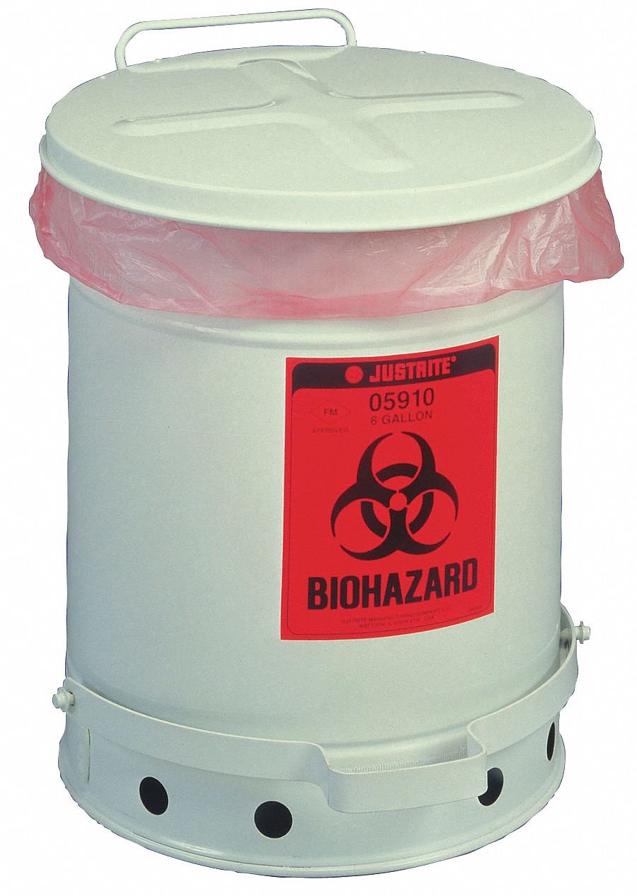 BIOHAZARD WASTE CAN, 10 GAL, WHT, GALVANIZED STEEL, 18¼ IN H, 13-15/16 IN OUTSIDE DIAMETER