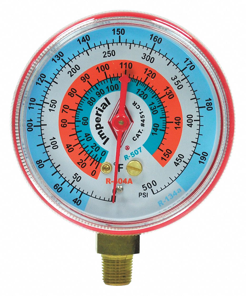 HIGH SIDE GAUGE, HIGH SIDE GAUGE, 0 TO 800 PSI, NON-LIQUID FILLED, 2½ IN DIAMETER, RED