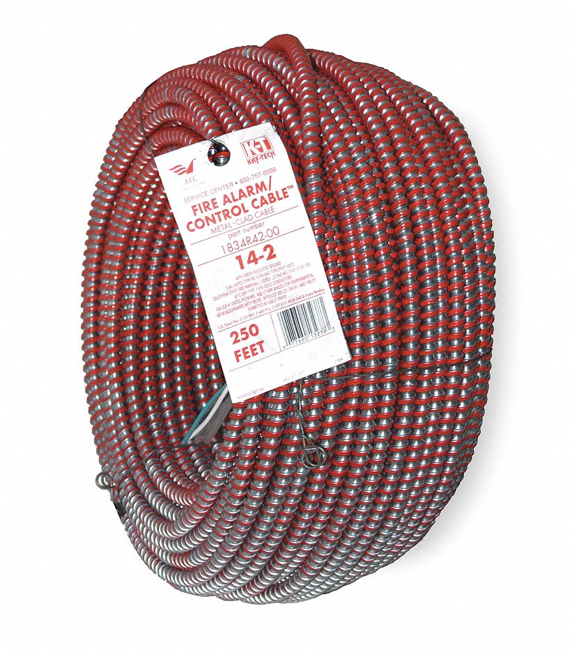 Metal Clad Armored Cable: 14 AWG Wire Size, Red, 250 ft Lg, Solid, PVC/Nylon