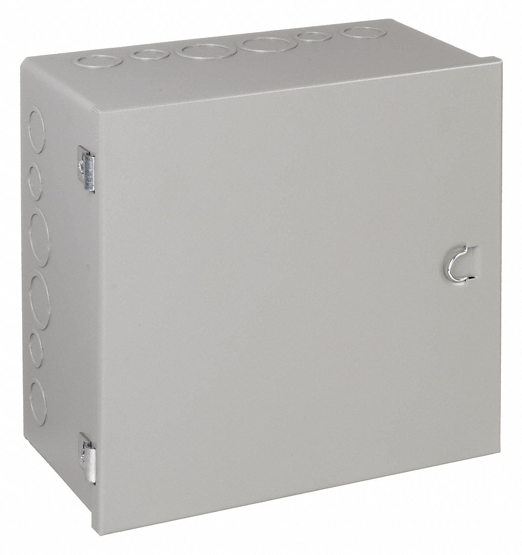 Enclosure: Steel, 12 in x 12 in x 6 in, NEMA 1, Solid Cover, Hinged, Included, Painted