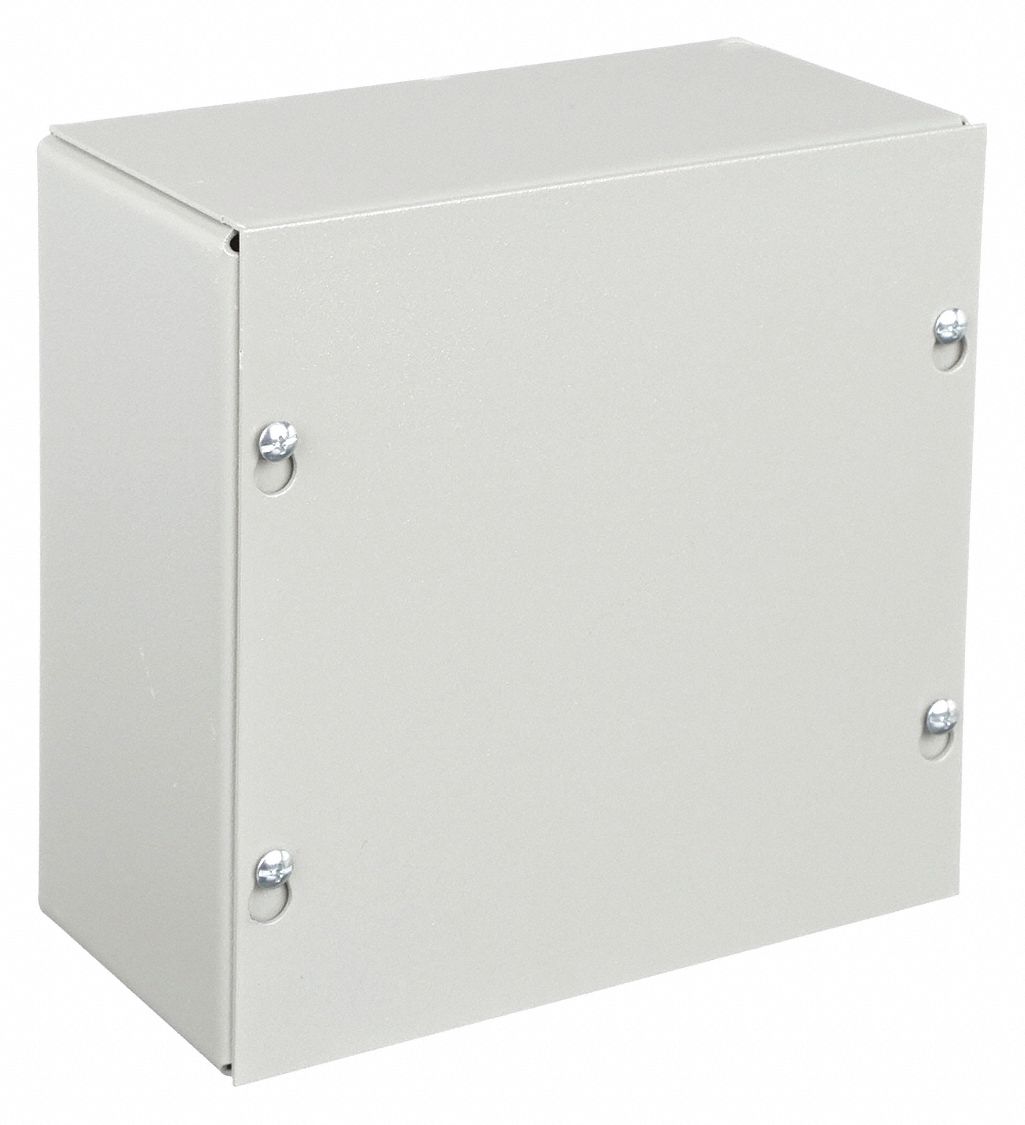 Enclosure: Steel, 8 in x 8 in x 4 in, NEMA 1, Solid Cover, Screw On, Painted