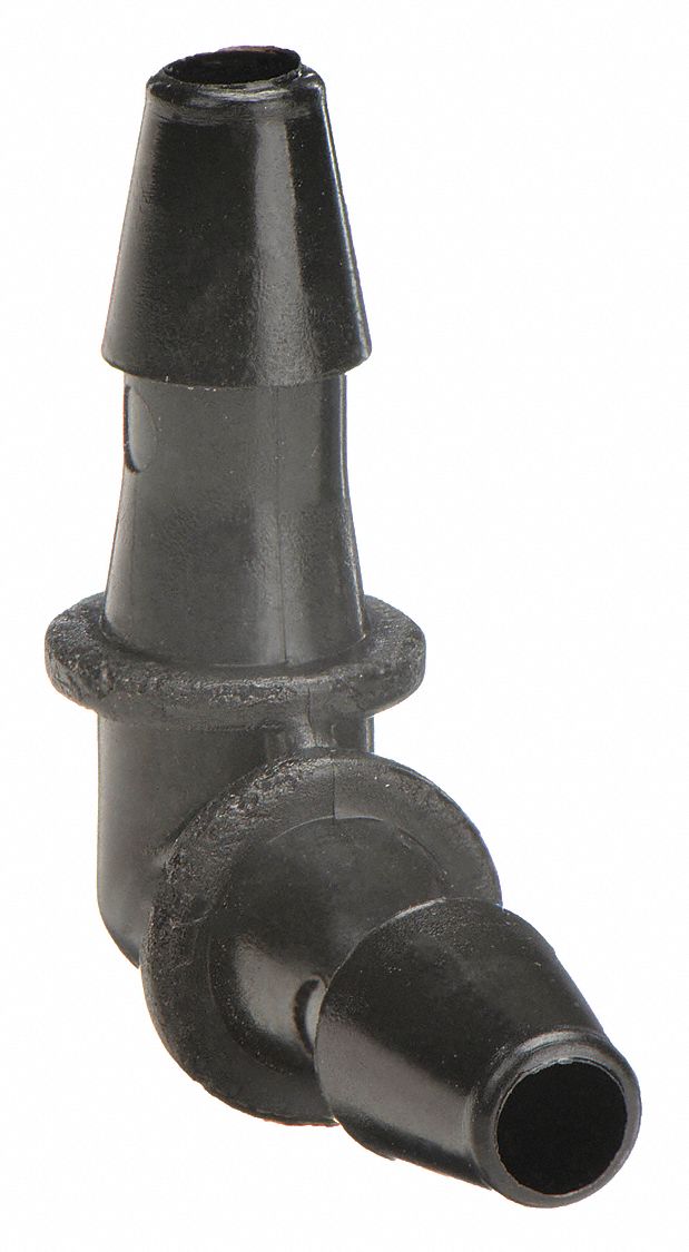 Barbed Fitting Elbow: 3/16 in ID x 3/16 in ID Fitting Size, Barbed, Nylon, 10 PK