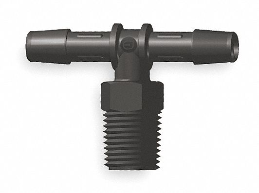 Barbed Tee: 1/2 in Pipe x 1/4 in ID x 1/4 in ID Fitting Size, Barbed/Threaded, Nylon, 10 PK