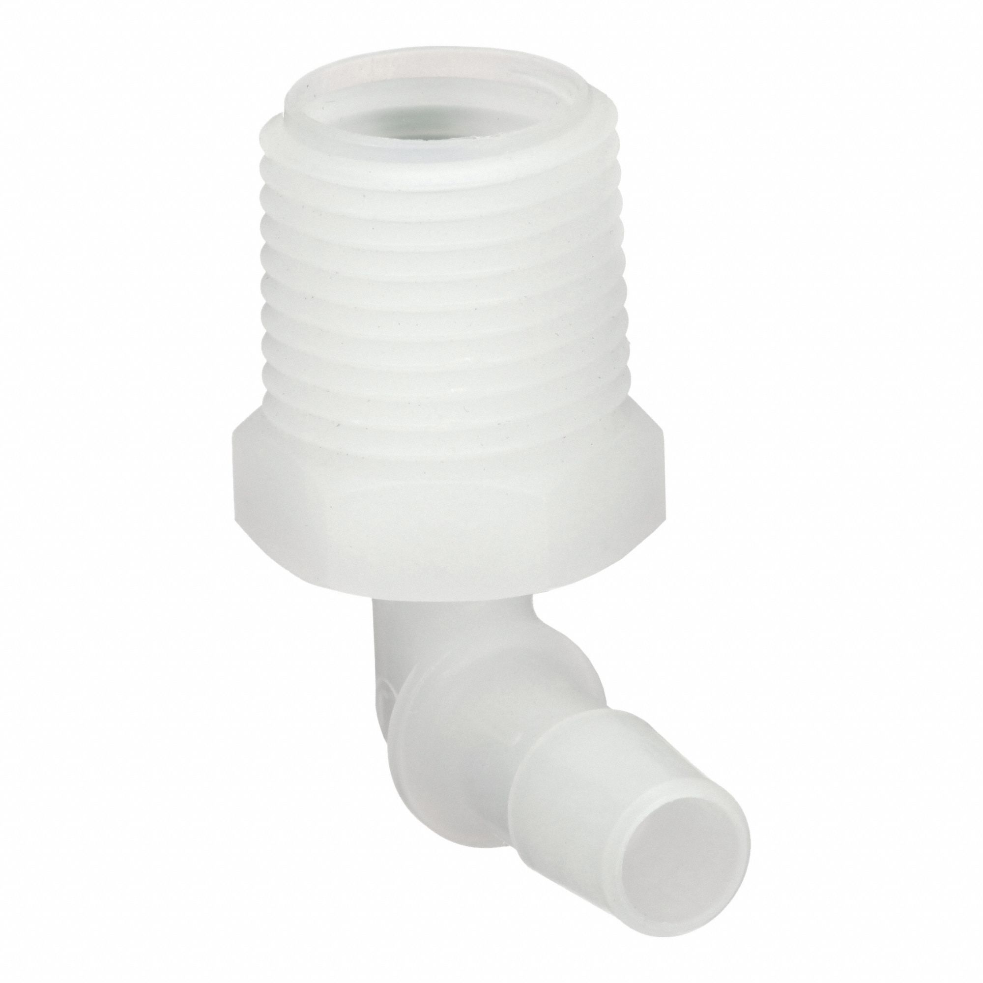 Barbed Fitting Elbow: 1/4 in ID x 1/2 in Pipe Fitting Size, Barbed/Threaded, PVDF, 5 PK