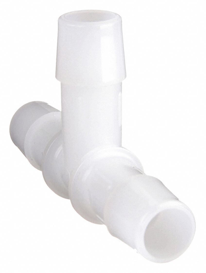 Barbed Tee: 1 in ID x 1 in ID x 1 in ID Fitting Size, Barbed, PVDF, 5 PK