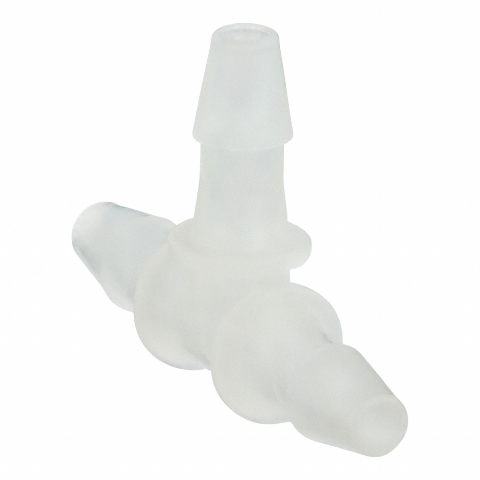 Barbed Tee: 1/8 in ID x 1/8 in ID x 1/8 in ID Fitting Size, Barbed, PVDF, 5 PK