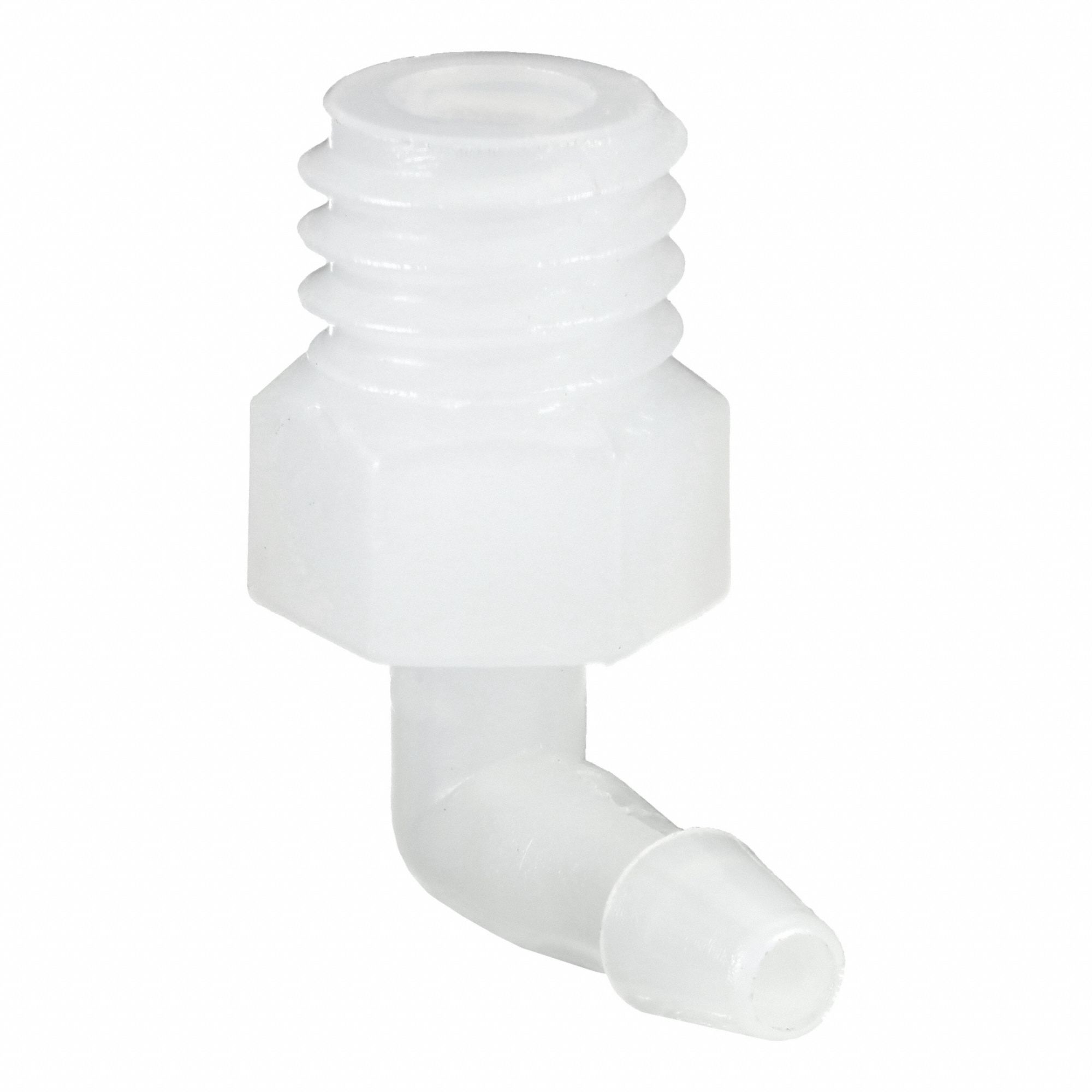 Barbed Fitting Elbow: Barbed, 1/16 in ID x UNF Fitting Size, HDPE, 260 psi Max Op Pressure, 10 PK