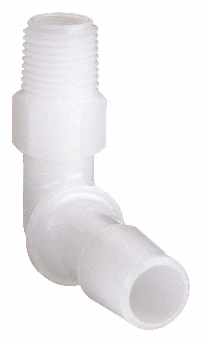 Barbed Fitting Elbow: Barbed/Threaded, 3/8 in ID x 1/8 in Pipe Fitting Size, HDPE, 10 PK
