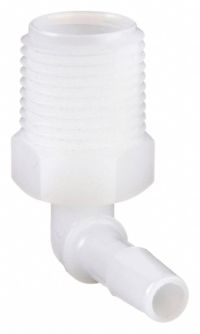 Barbed Fitting Elbow: Barbed/Threaded, 1/4 in ID x 3/8 in Pipe Fitting Size, HDPE, 10 PK