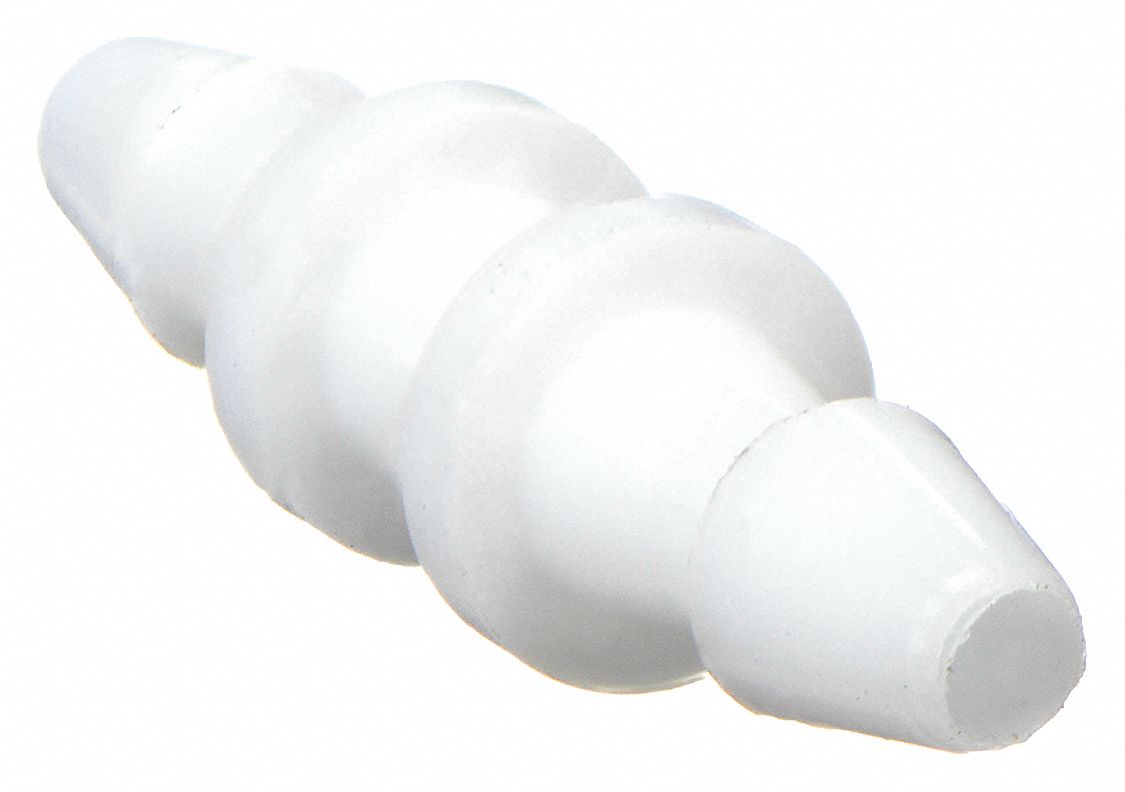 Barbed Fitting Coupling: 1/16 in ID x 1/16 in ID size, Barbed x Barbed, Polypropylene, 10 PK