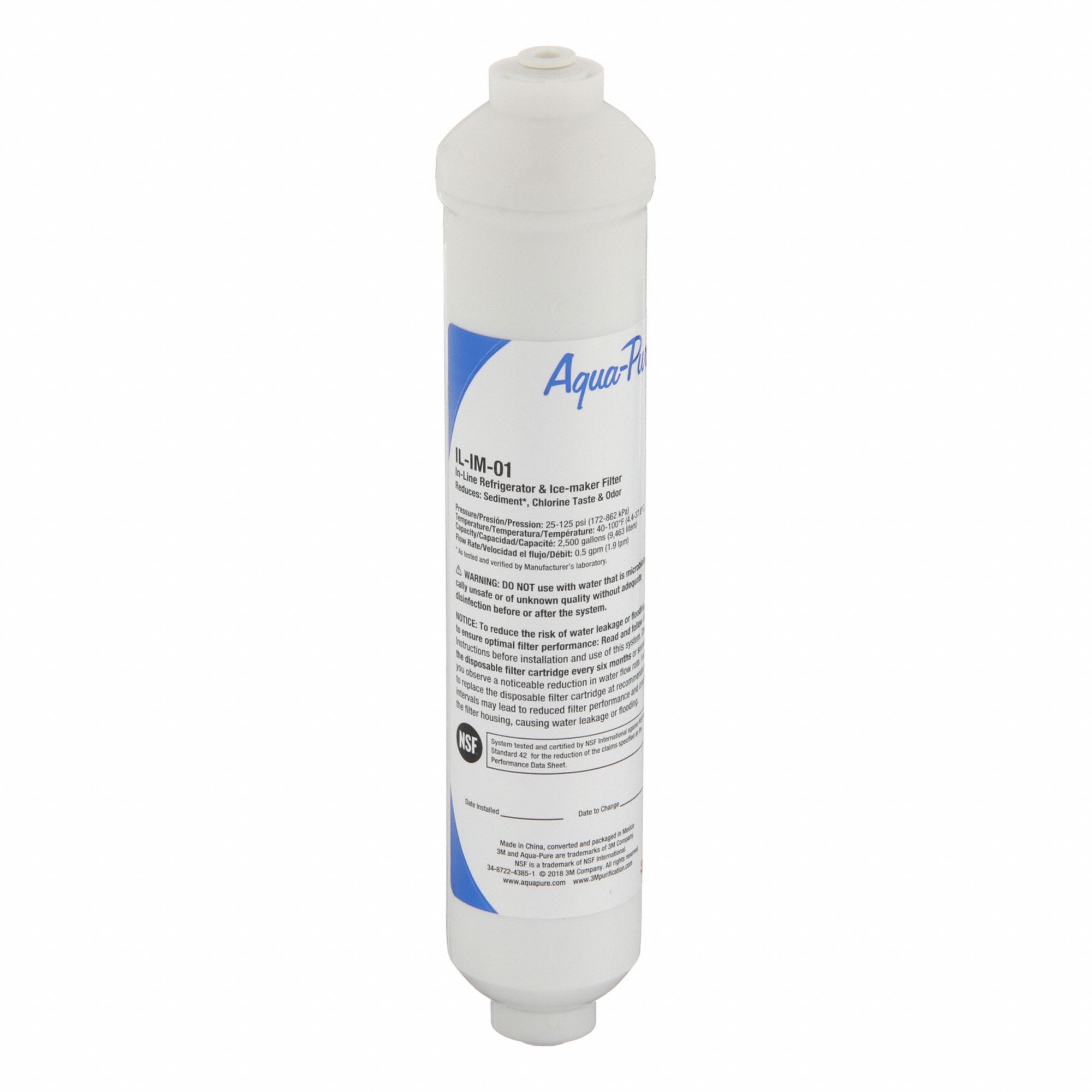 Inline Water Filter: 5 micron, 0.5 gpm, 10 3/8 in Overall Ht, 2 1/8 in Overall Dia