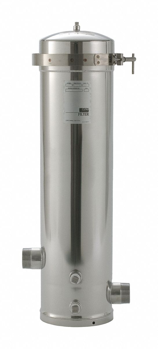 Water Filter Housing: 2 in, NPT, Male, 39 1/2 in Overall Ht, 12 in Overall Dia, Silver