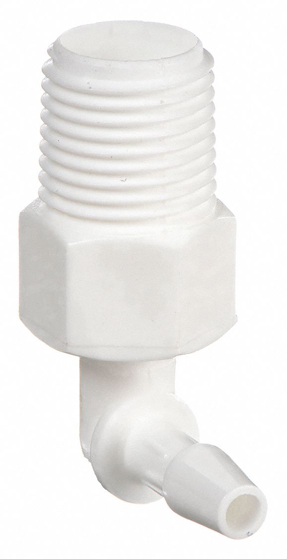 Barbed Fitting Elbow: 1/8 in ID x 1/4 in Pipe size, Barbed x MNPT, Polypropylene, 10 PK