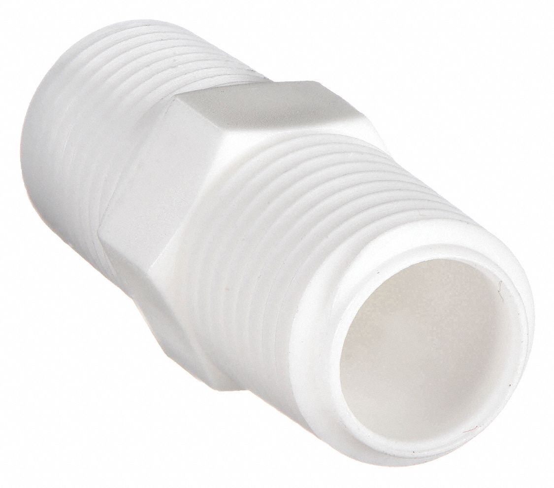 HEX NIPPLE: ½ IN X ½ IN FITTING, MALE NPT X MALE NPT, 360 PSI AT 73 ° F, WHITE, 10 PK