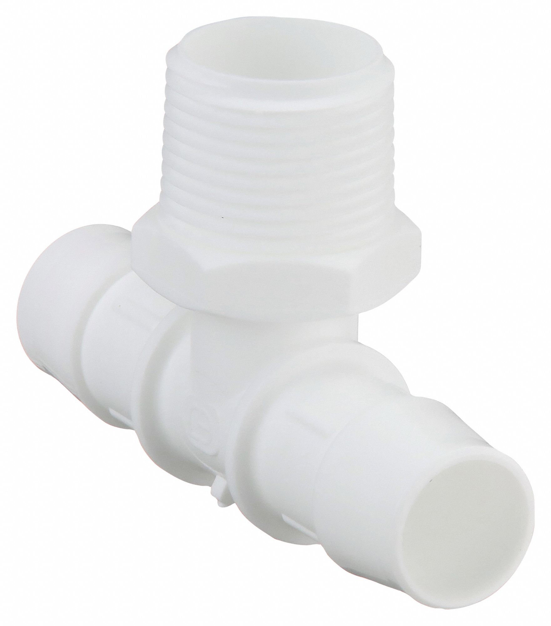 Barbed Tee: 1 in Pipe x 1 in ID x 1 in ID size, MNPT x Barbed x Barbed, Polypropylene, 10 PK