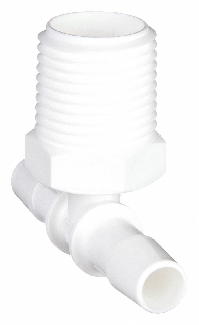 Barbed Tee: 1/2 in Pipe x 3/8 in ID x 3/8 in ID size, MNPT x Barbed x Barbed, Polypropylene, 10 PK