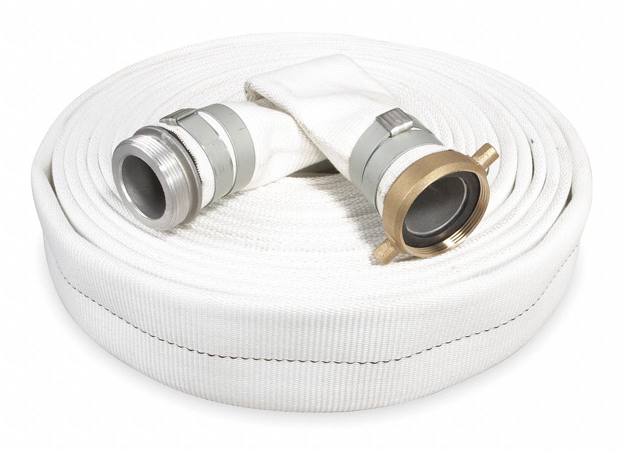 WATER DISCHARGE HOSE: 1½ IN HOSE INSIDE DIA., 50 FT HOSE LG, 125 PSI, WHITE, MNPSM X FNPSM