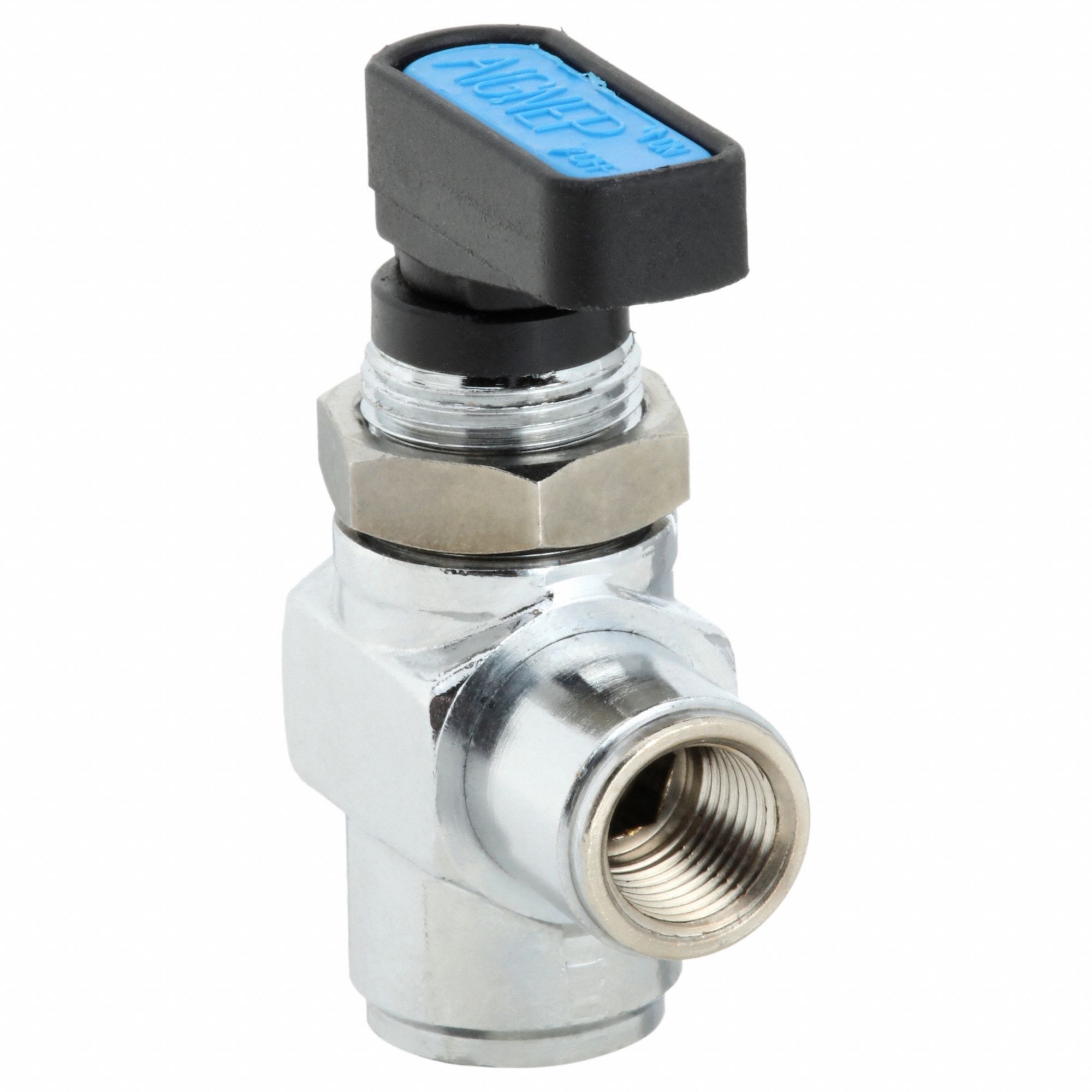 Manual Two-Way Ball Valve: 1/8 in, Nickel-Chrome Plated Brass, Angle, FNPT x FNPT, Wedge