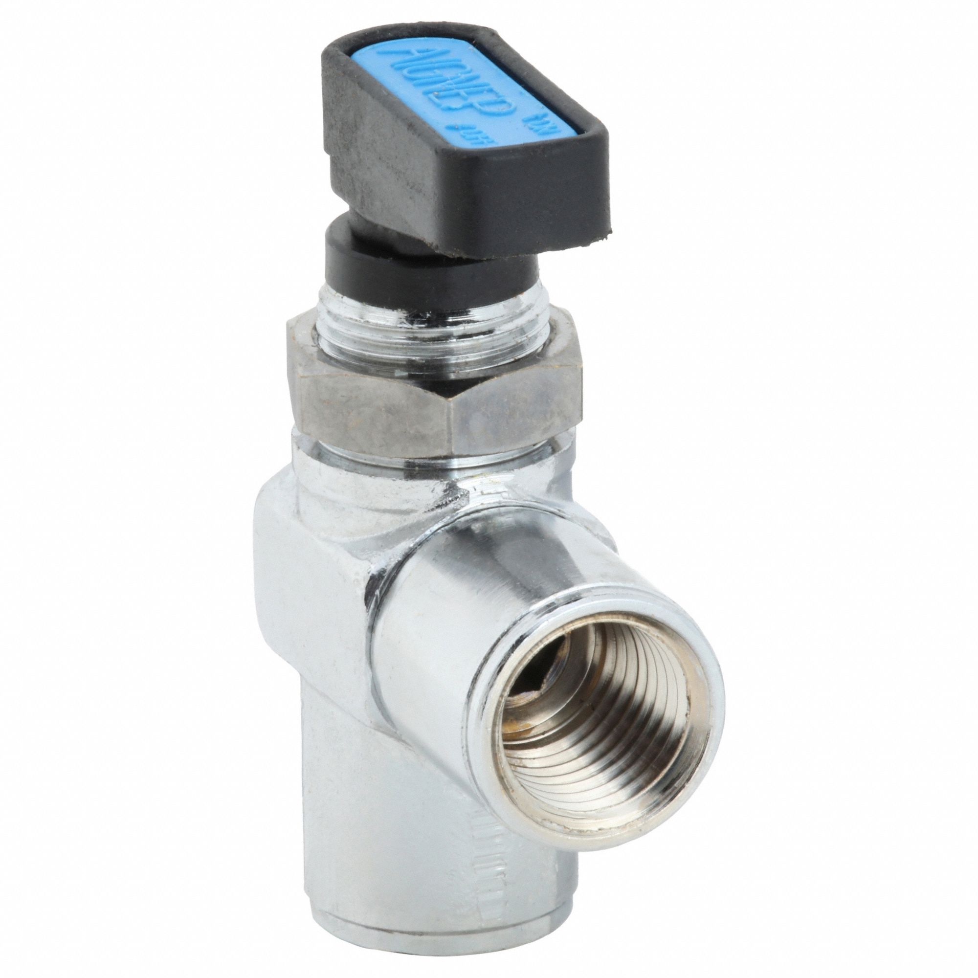 Manual Two-Way Ball Valve: 1/4 in, Nickel-Chrome Plated Brass, Angle, FNPT x FNPT, Wedge