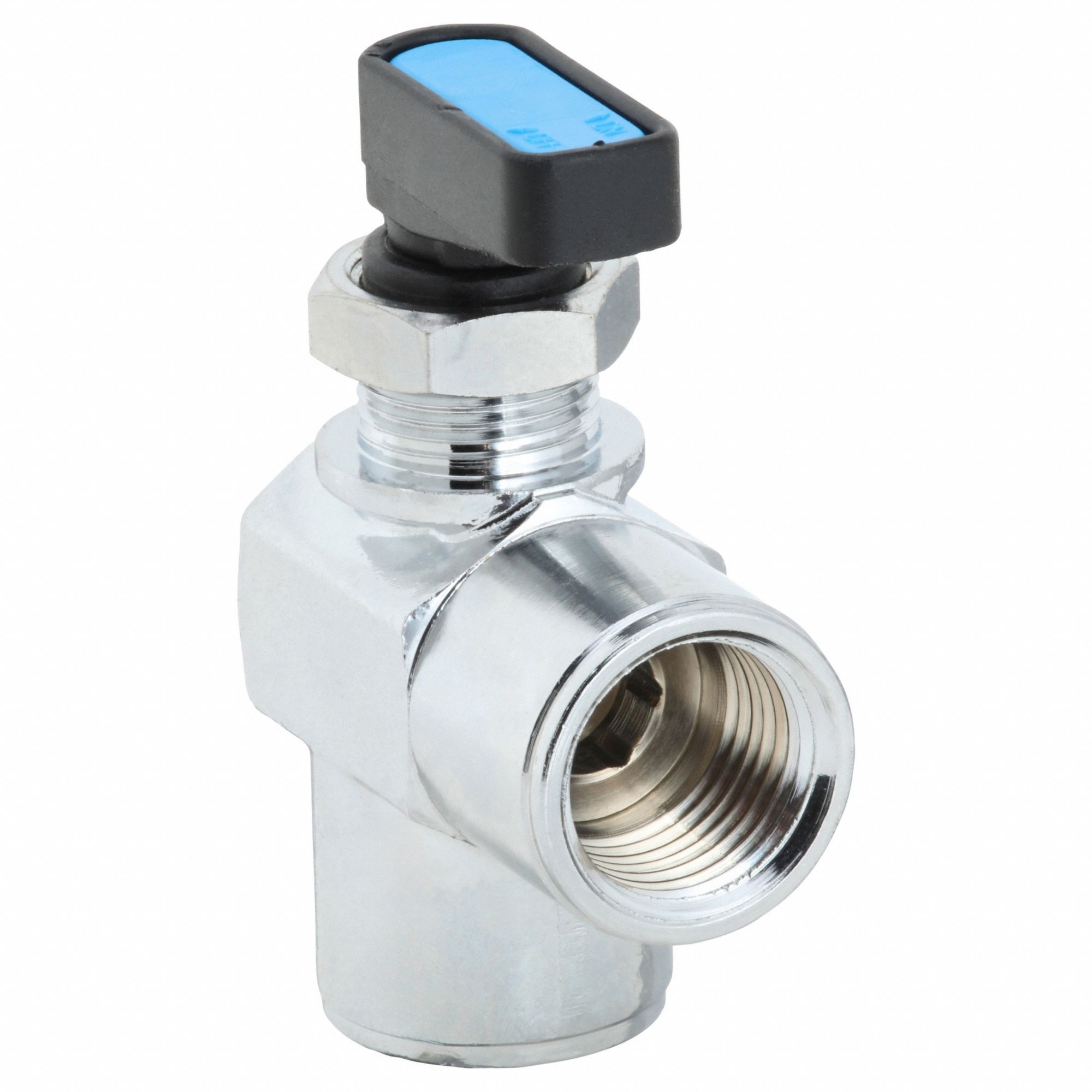 Manual Two-Way Ball Valve: 3/8 in, Nickel-Chrome Plated Brass, Angle, FNPT x FNPT, Wedge
