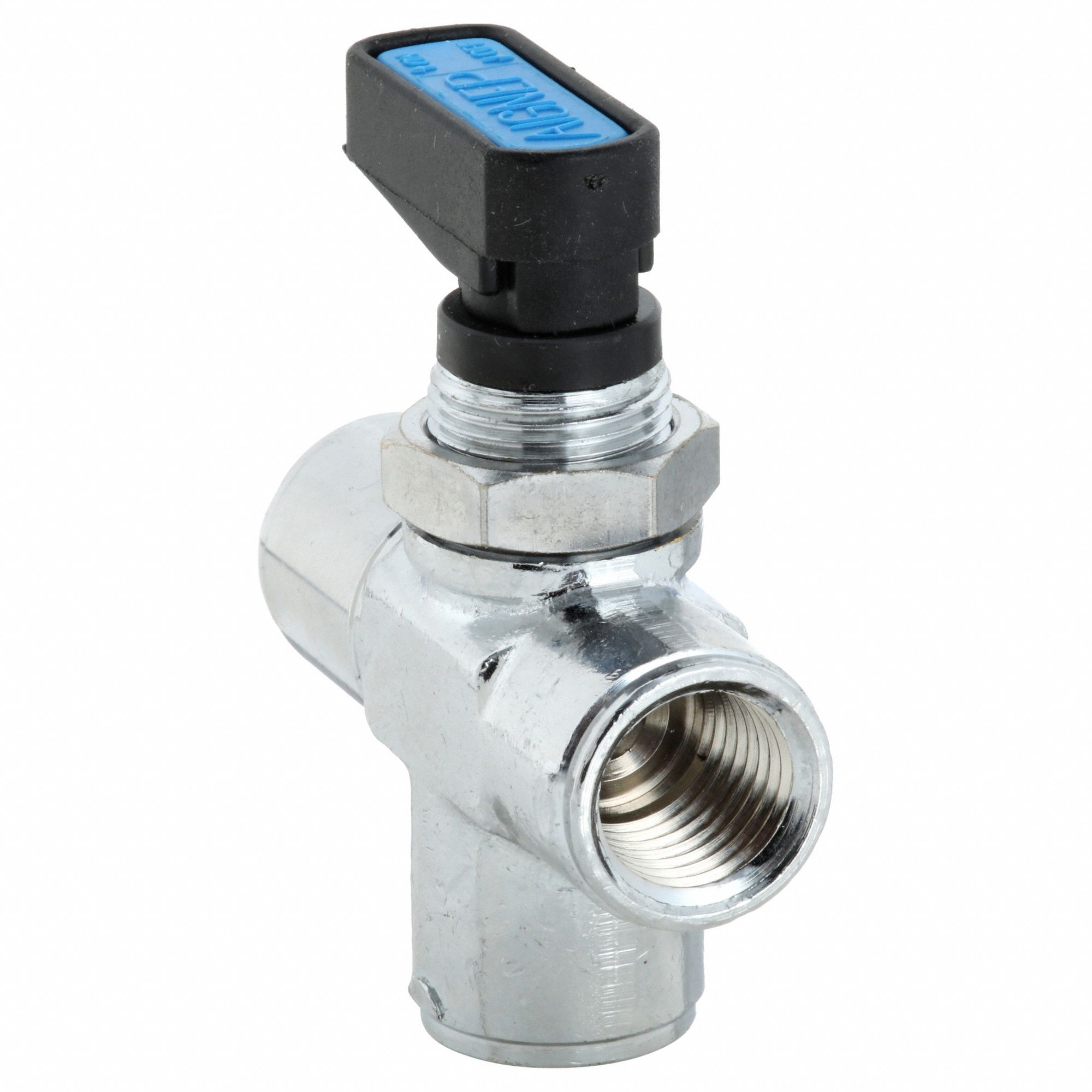 Manual Three-Way Ball Valve: 1/4 in, Chrome-Plated Brass, Double L Flow, One-Piece, Wedge