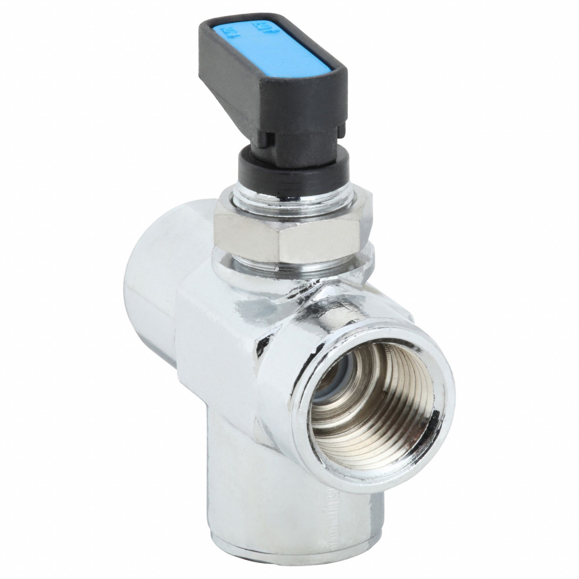 Manual Three-Way Ball Valve: 3/8 in, Chrome-Plated Brass, Double L Flow, One-Piece, Wedge